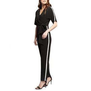 Black Tape Black Jumpsuit with White Athletic Stripes Crossover Neckline - Sz L